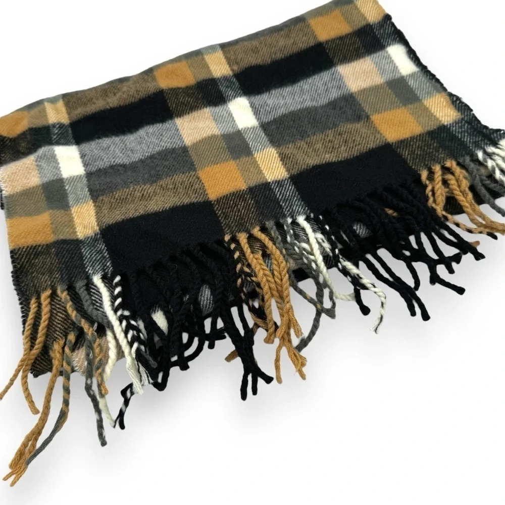 100% Cashmere Hand Tailored Made In Germany Neutral Plaid Unisex Scarf, 12x63 - Picture 4 of 11